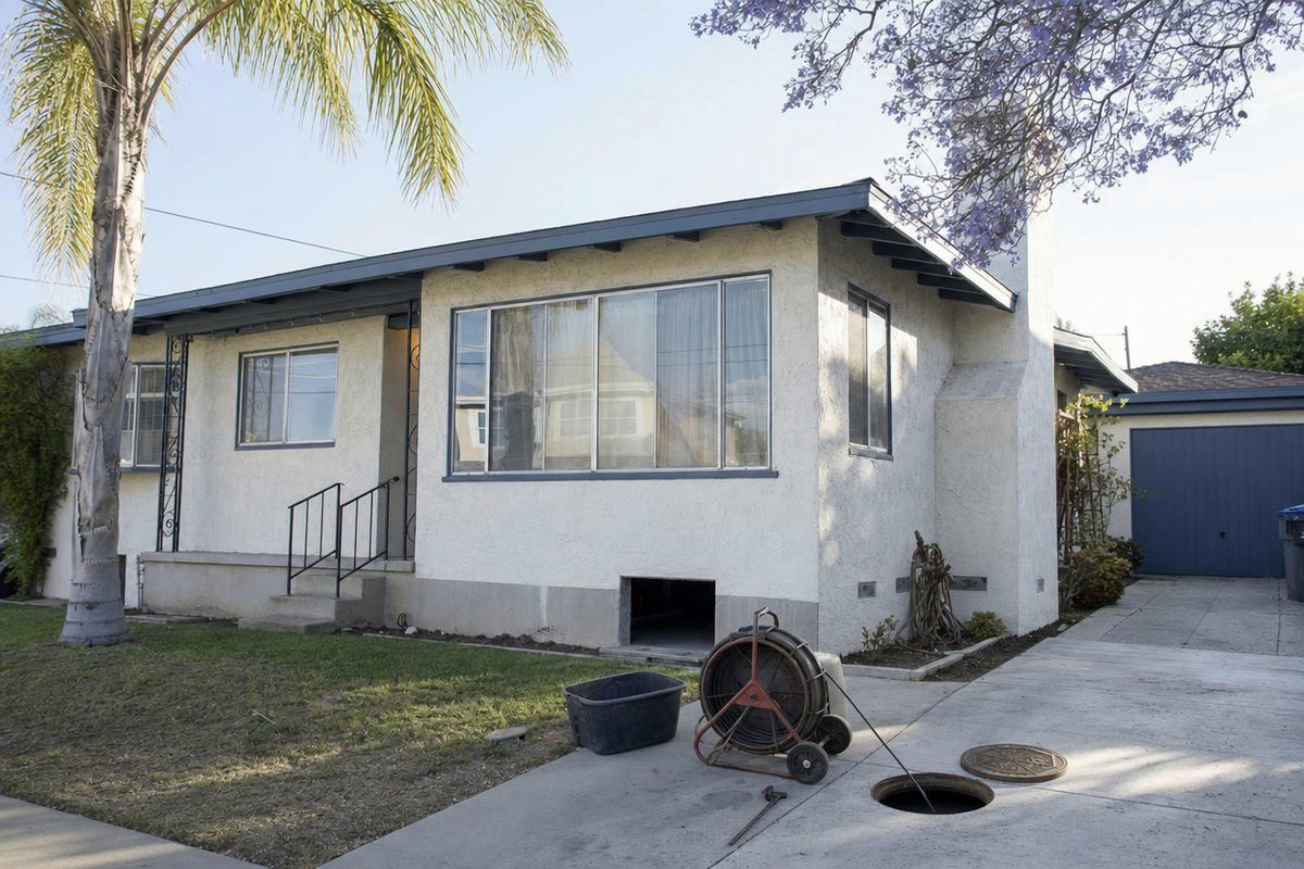 A single-story California stucco house on a raised foundation with a crawl space vent