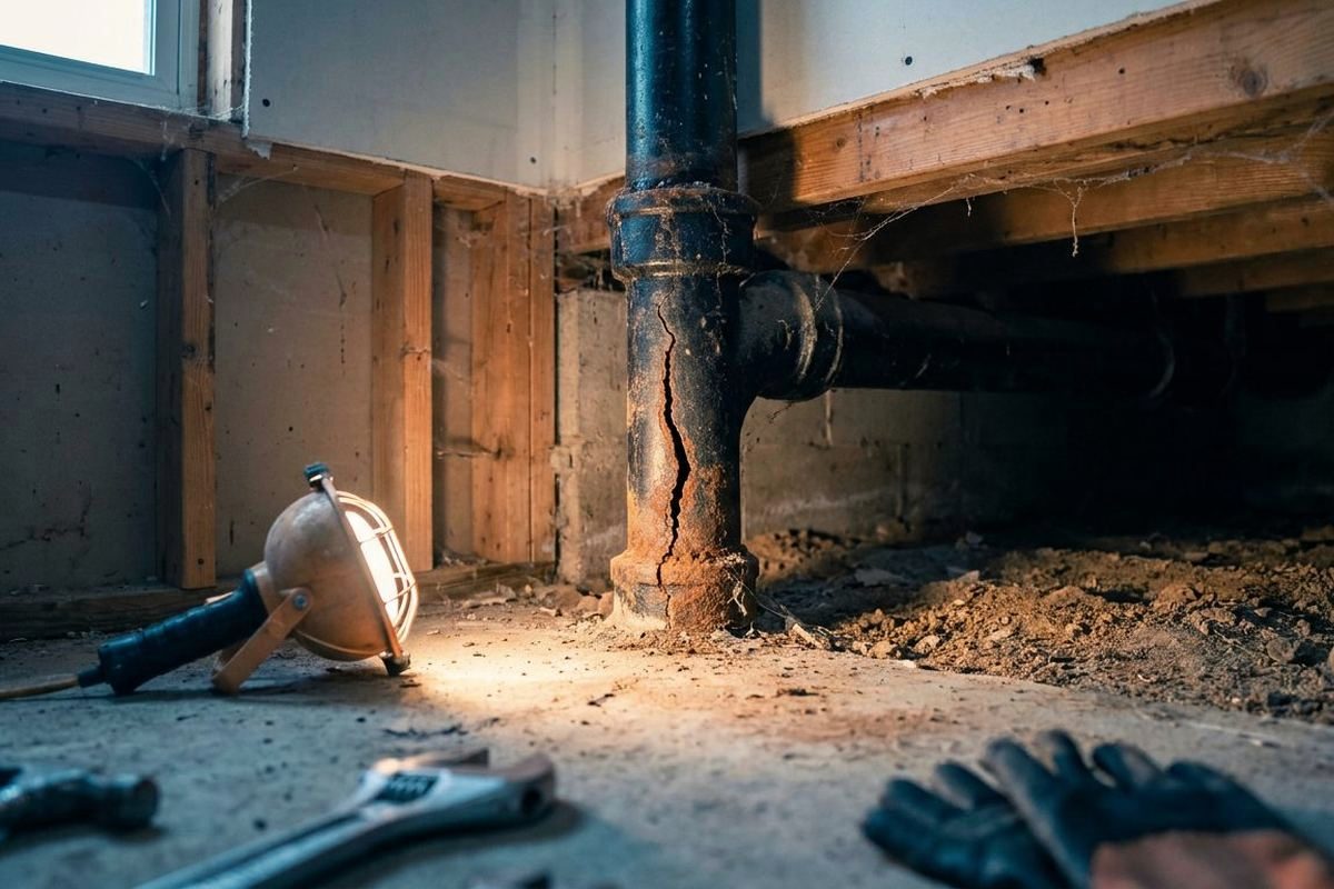 An old black cast iron drain stack with a rusty crack in a basement corner