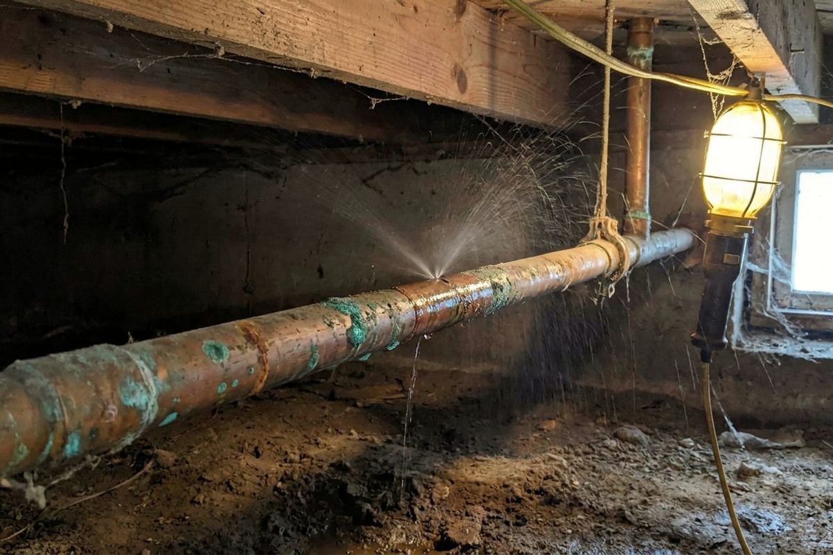An old copper water pipe in a crawl space spraying a fine mist from a pinhole leak