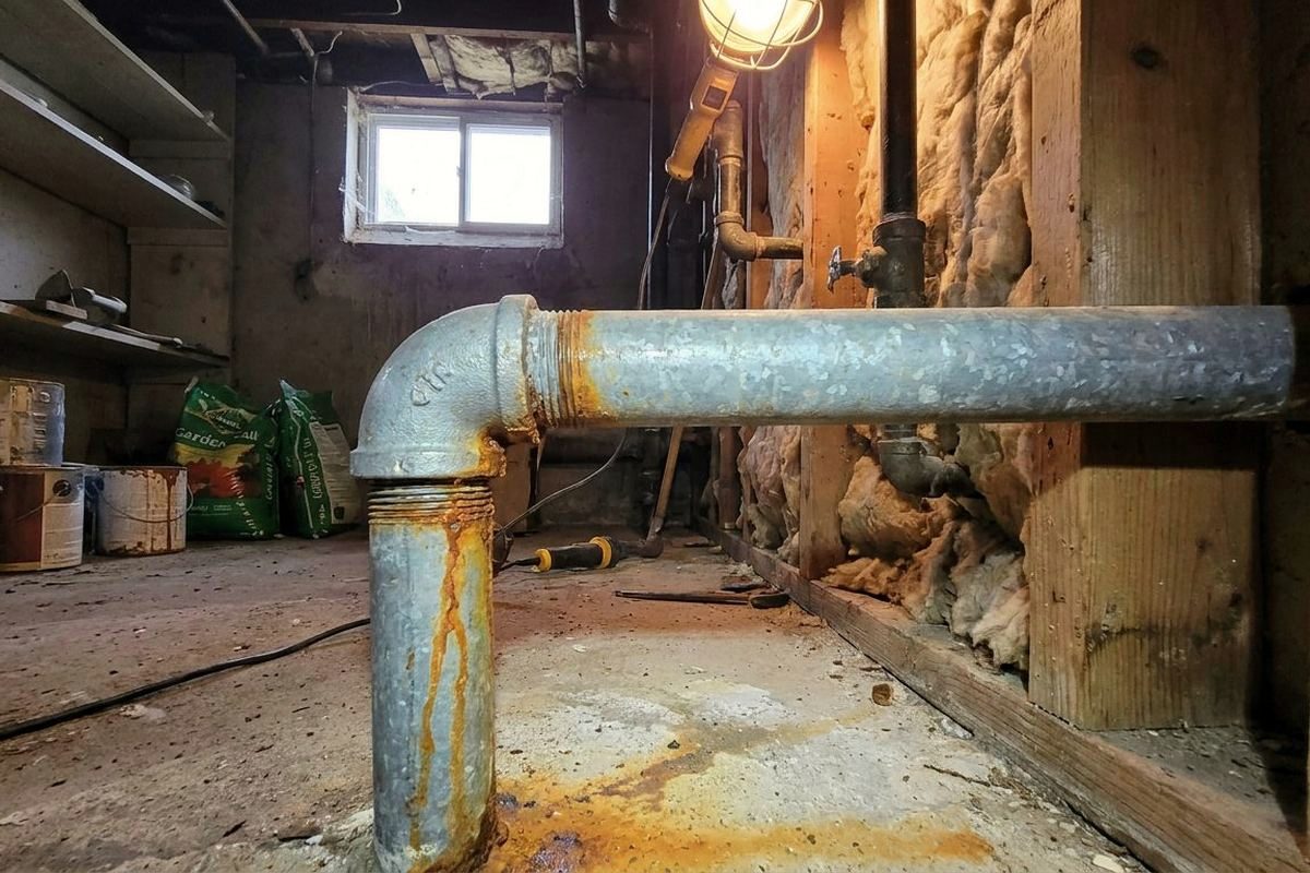 Rust bleeding from a threaded joint on an old galvanized steel water pipe