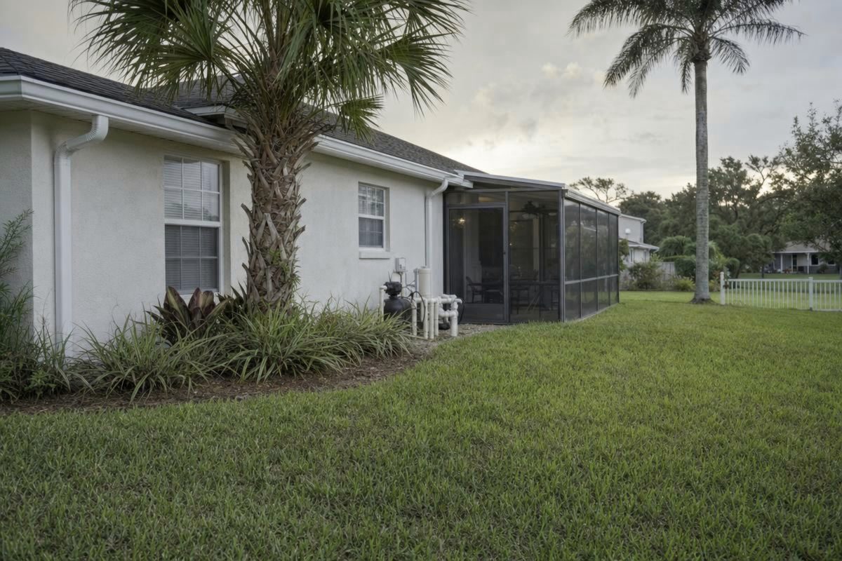 A Central Florida concrete block ranch house on a slab with palm trees