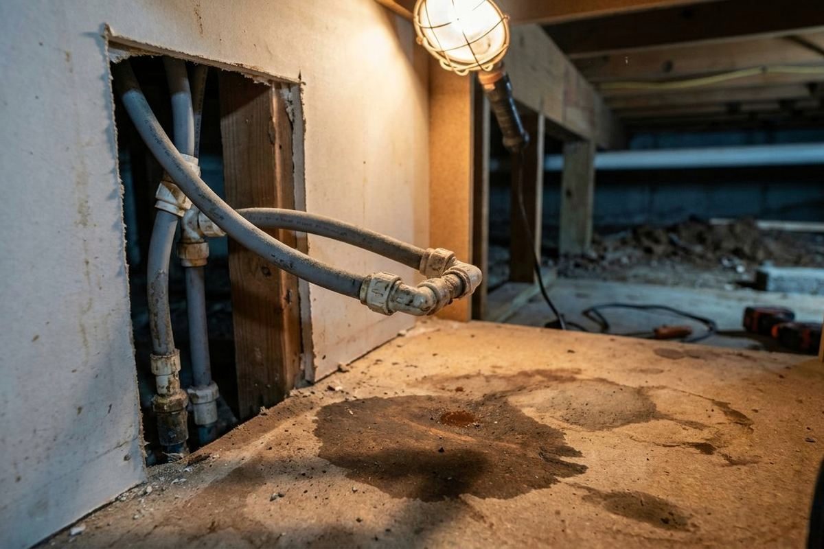 Old gray polybutylene water pipes behind an opened wall, with a water stain on the floor
