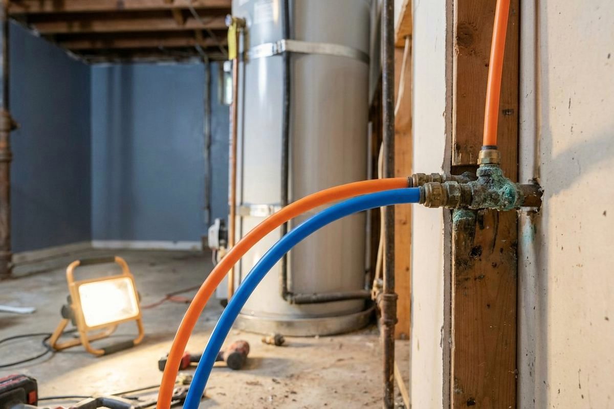Orange and blue Kitec water pipes with brass fittings beside a water heater