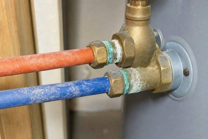 Close-up of orange and blue Kitec pipes in corroded brass fittings