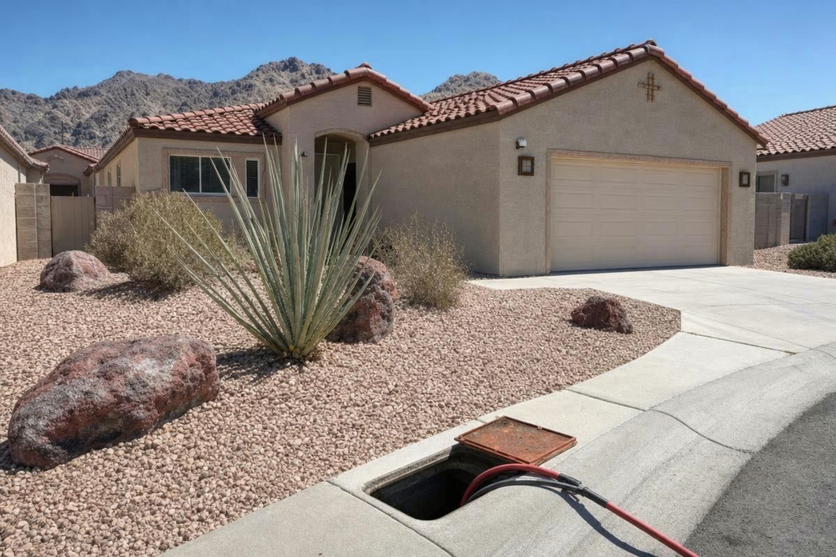 A Las Vegas stucco house with a tile roof and a desert front yard