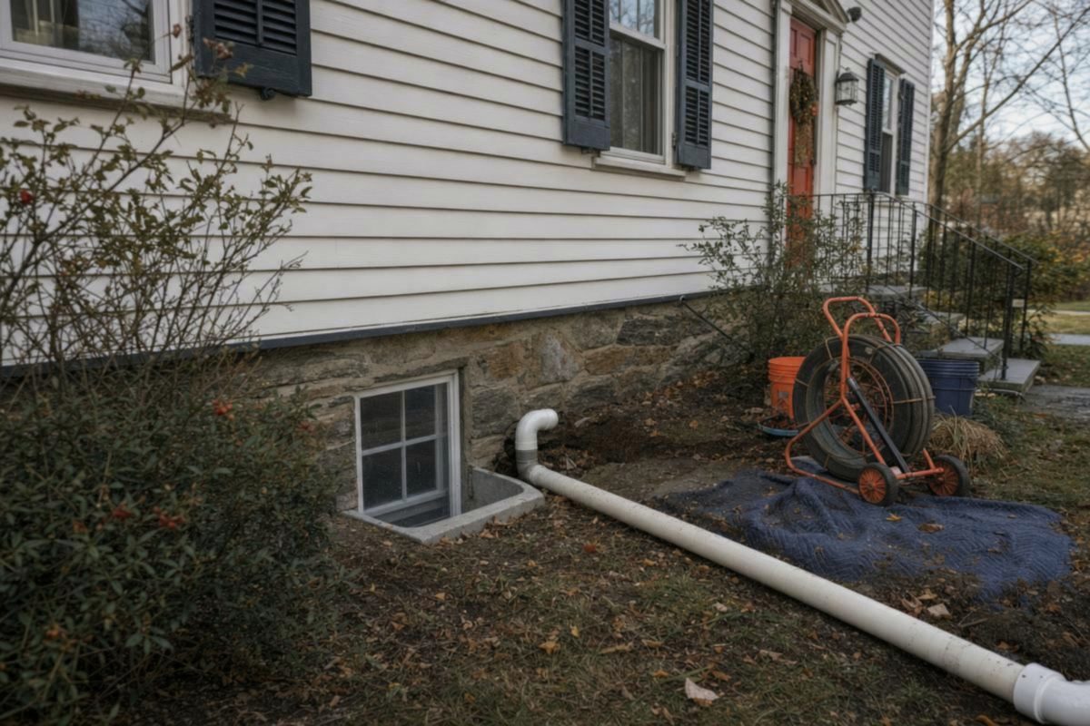 A two-story colonial house with a stone foundation and a basement, like many homes a repipe in Delaware is done in
