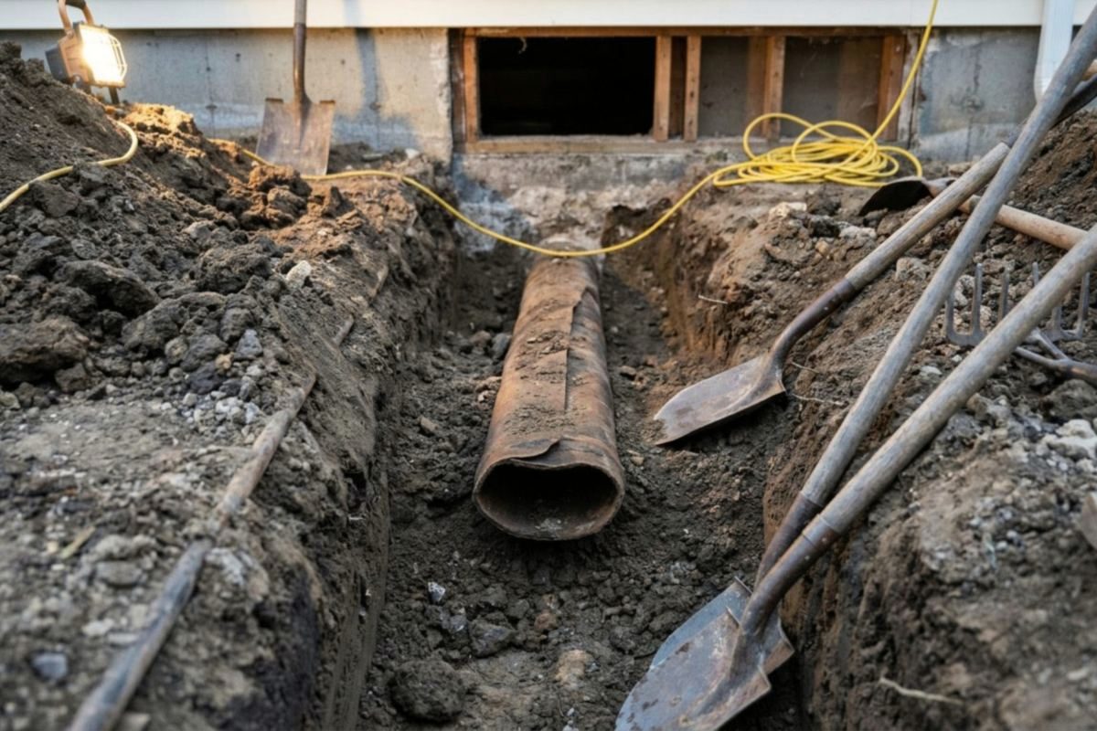 An old, flaking tar paper Orangeburg sewer pipe dug up in a trench beside a house