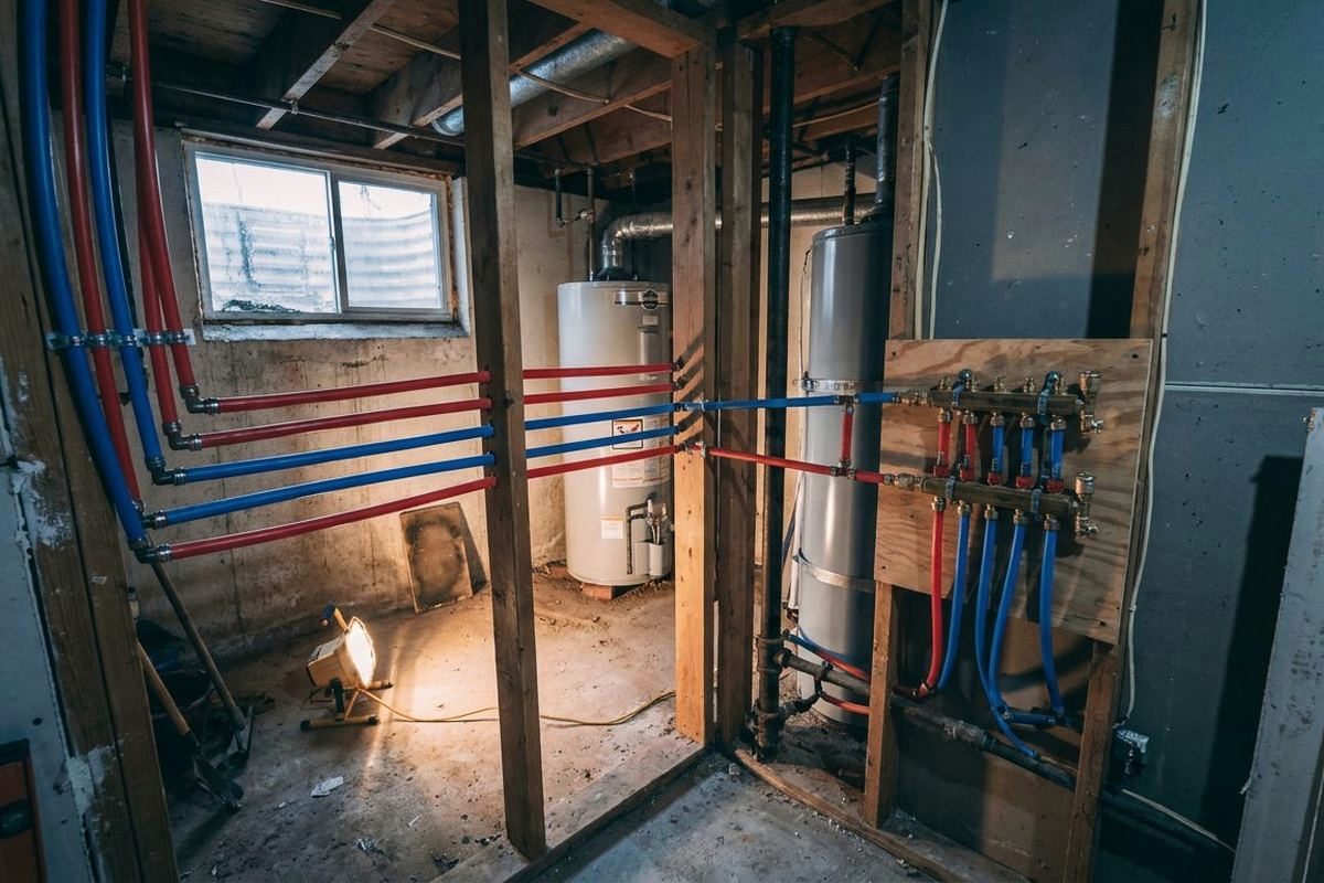 New red and blue PEX water lines running along a basement wall to a brass manifold