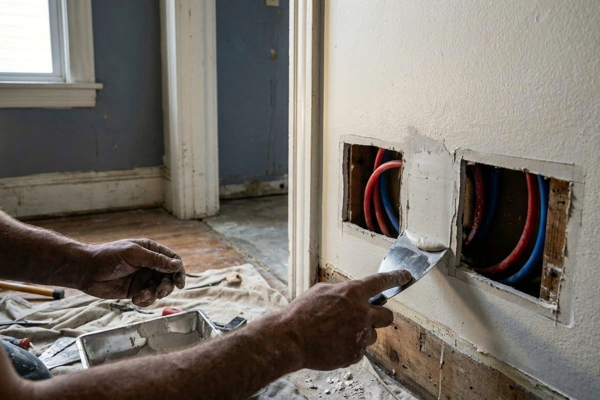A plumber patching drywall between two access holes where new PEX lines run