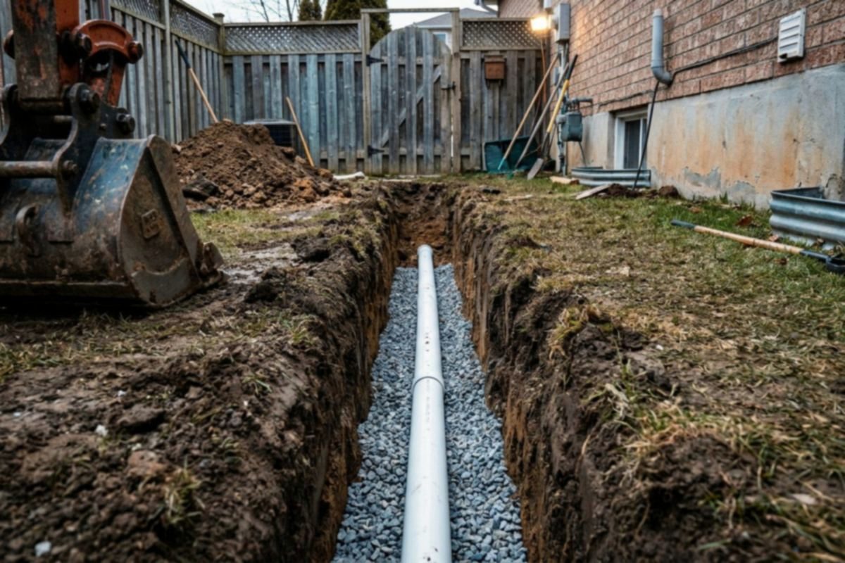 A narrow trench across a backyard lawn with a new white sewer pipe laid in gravel
