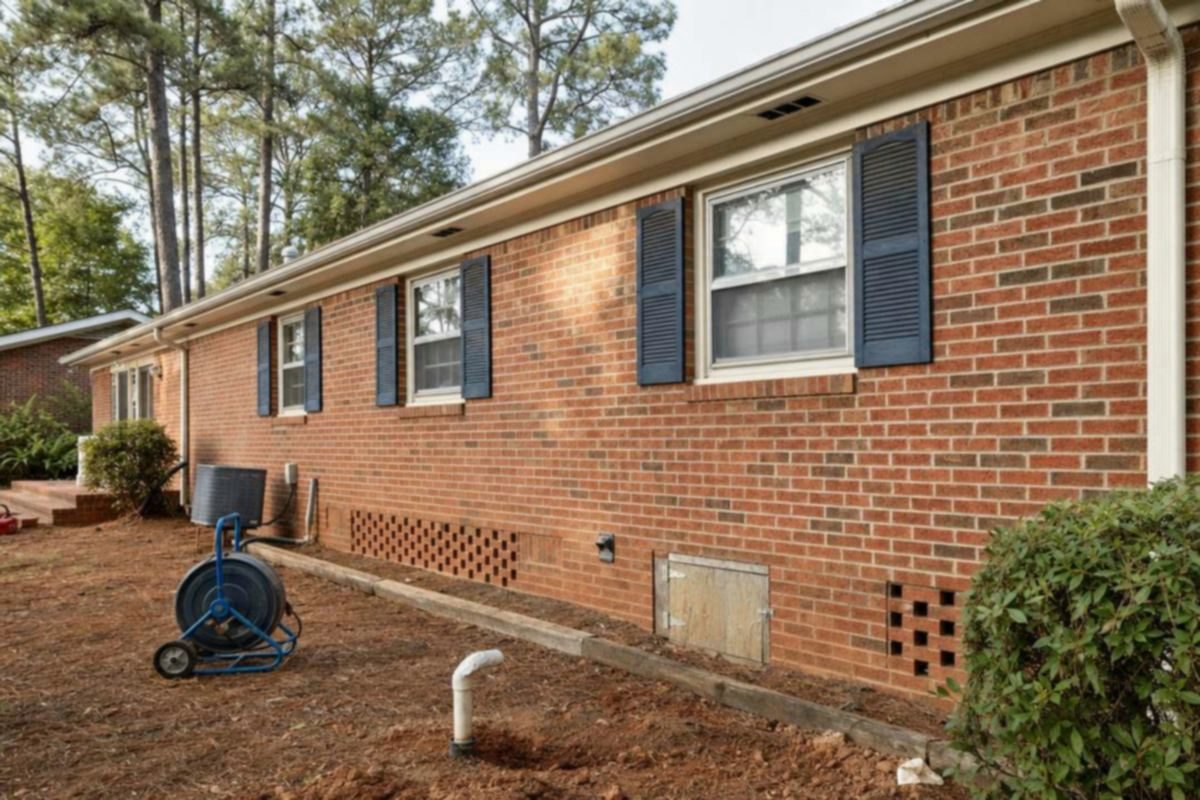 A one-story brick ranch house raised on a vented crawl space, like many homes a repipe in Alabama is done in