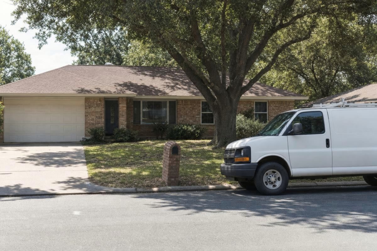 A one-story Texas brick ranch house on a concrete slab, the kind of house many Texas repipes are in