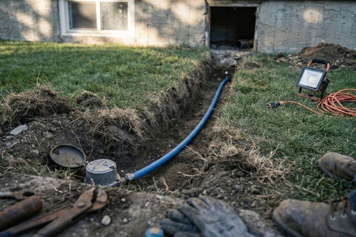 A shallow trench from the curbside water meter to the house with a new blue water line in it